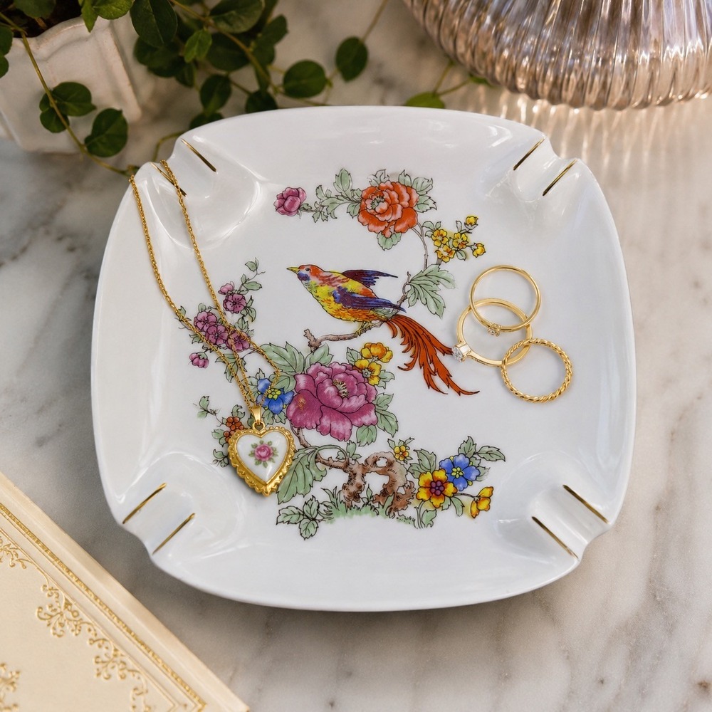 Vintage Hollohaza Hungary Bird Floral Porcelain Trinket Dish Chinoiserie‎ 732